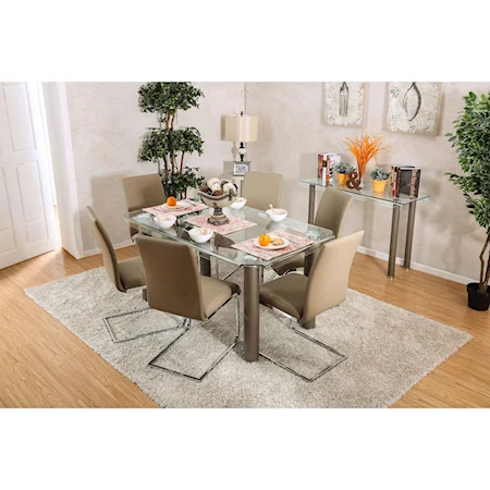 Contemporary 7 Piece Dining Set with Glass Table and Faux Leather Chairs